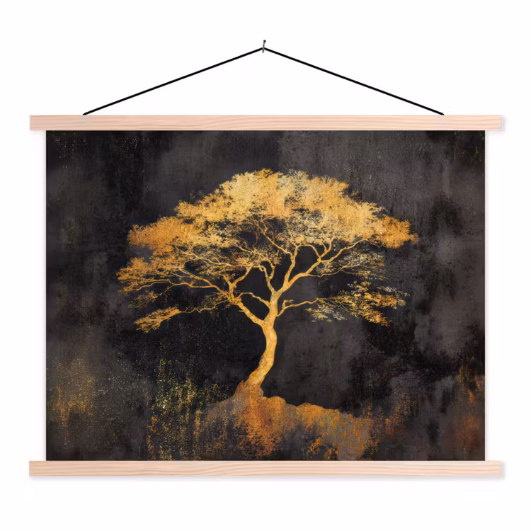 Boom - Schilderij - Goud - Abstract textielposter latten blank klein -3d