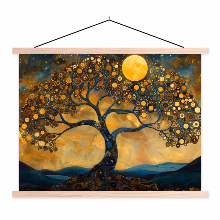 Boom - Maan - Bloemen - Goud - Kunst textielposter latten blank klein -3d
