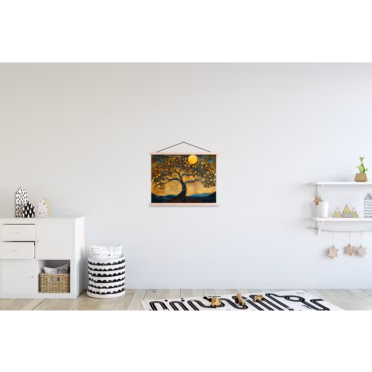 Boom - Maan - Bloemen - Goud - Kunst textielposter latten blank klein -kinderkamer