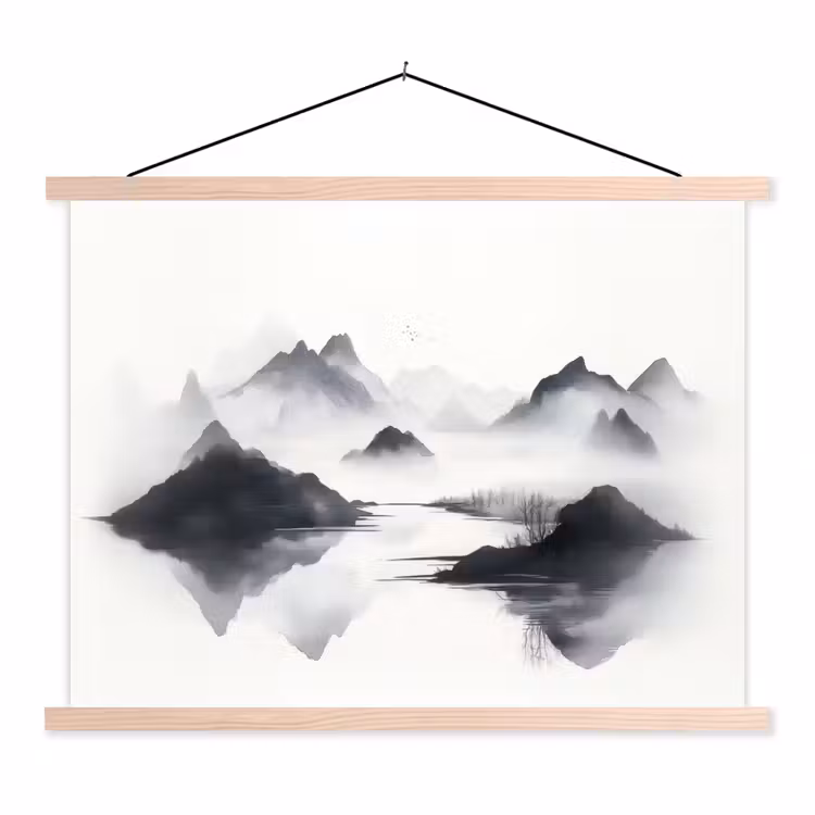 Bergen - Mistig - Water - Wit textielposter latten blank klein -3d