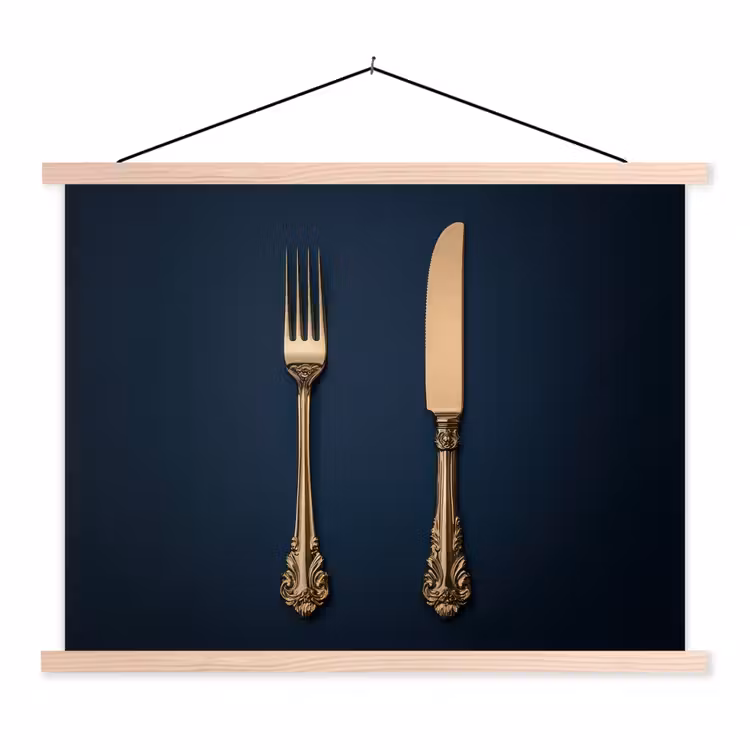 Bestek - Donkerblauw - Goud textielposter latten blank klein -3d