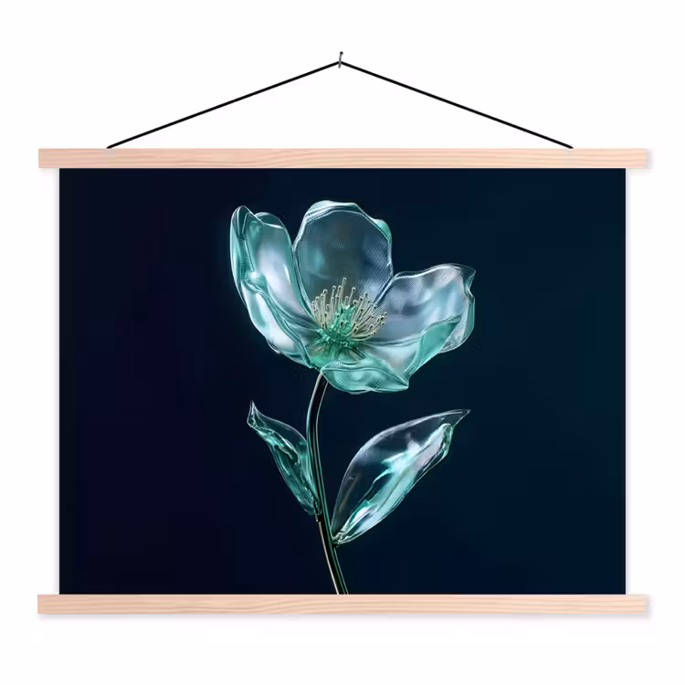 Bladeren - Bloem - Glazen - Donkerblauw textielposter latten blank klein -3d