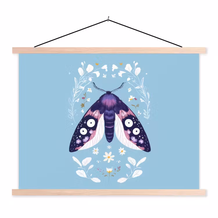 Bladeren - Wit - Vlinder - Insect textielposter latten blank klein -3d
