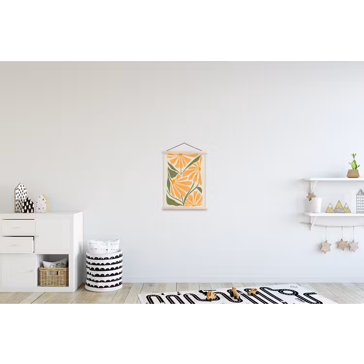 Blaadjes - Zachtoranje - Bloemen textielposter latten blank klein -kinderkamer
