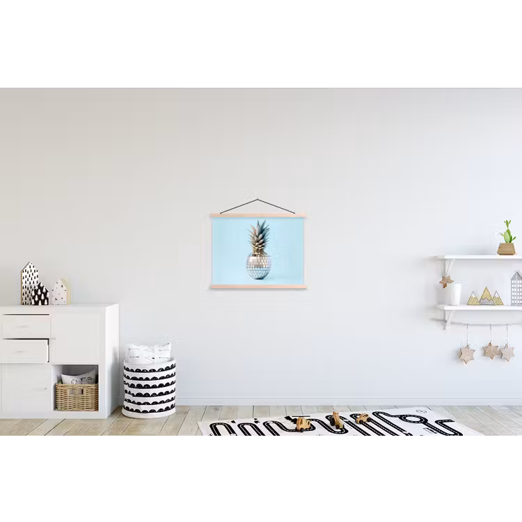 Blauw - Ananas - Disco - Discobal textielposter latten blank klein -kinderkamer
