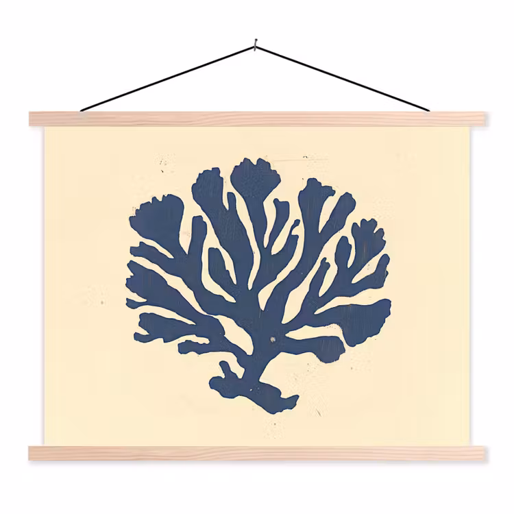Blauw koraal - Vertakkingen - Beige textielposter latten blank klein -3d