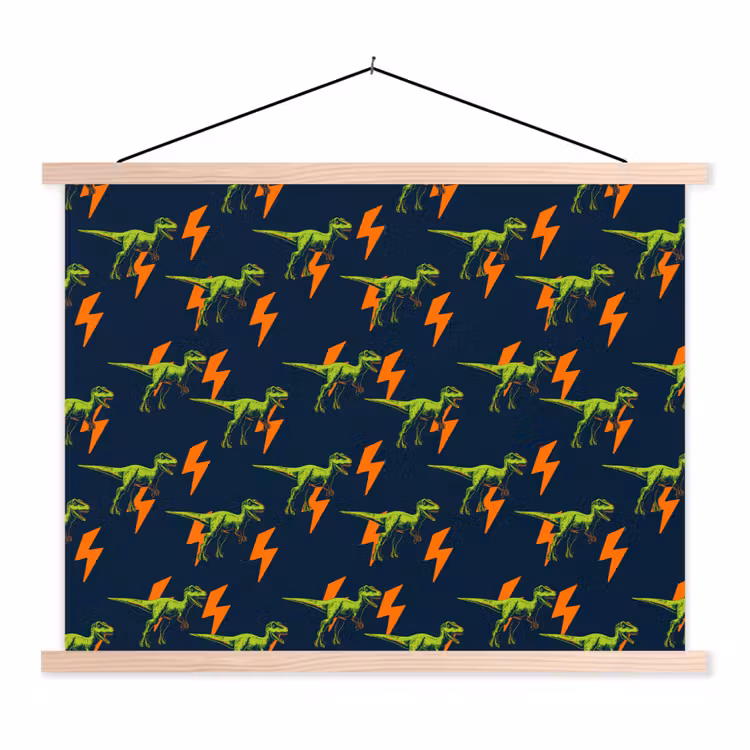 Bliksemschichten - Oranje - Dinosaurussen textielposter latten blank klein -3d