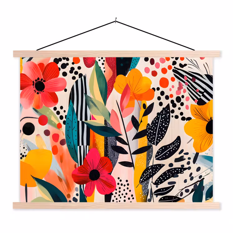 Bloemen - Bladeren - Abstract - Kleurrijk textielposter latten blank klein -3d