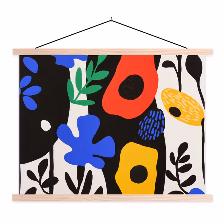 Bloemen - Bladeren - Abstract - Zwart textielposter latten blank klein -3d