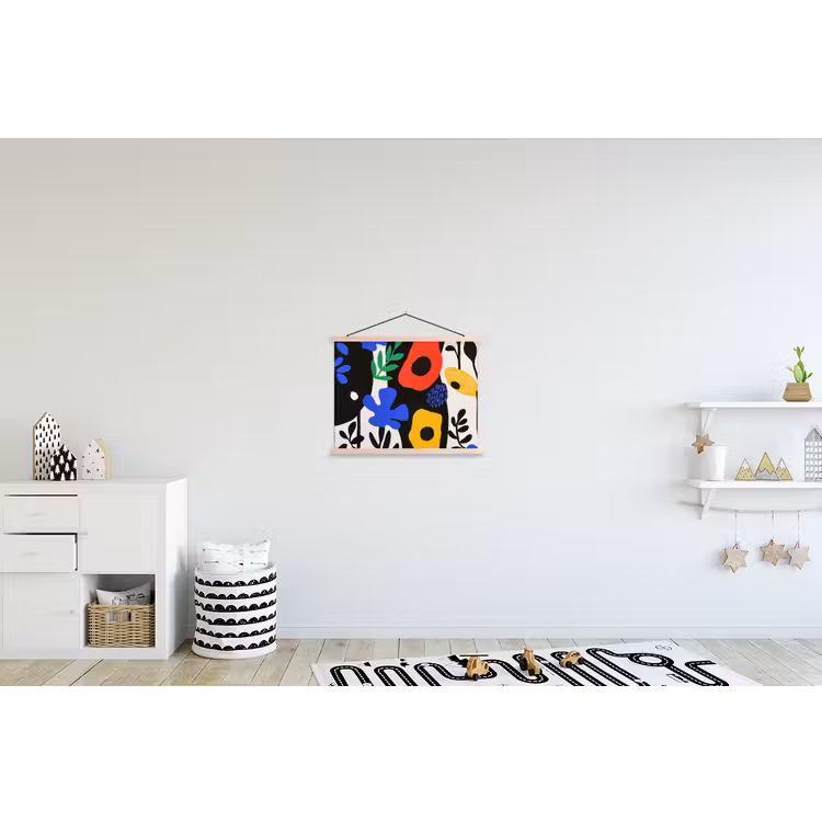 Bloemen - Bladeren - Abstract - Zwart textielposter latten blank klein -kinderkamer