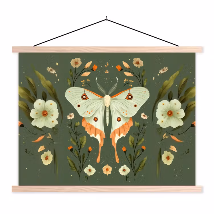 Bloemen - Bladeren - Olijfgroen - Vlinder textielposter latten blank klein -3d