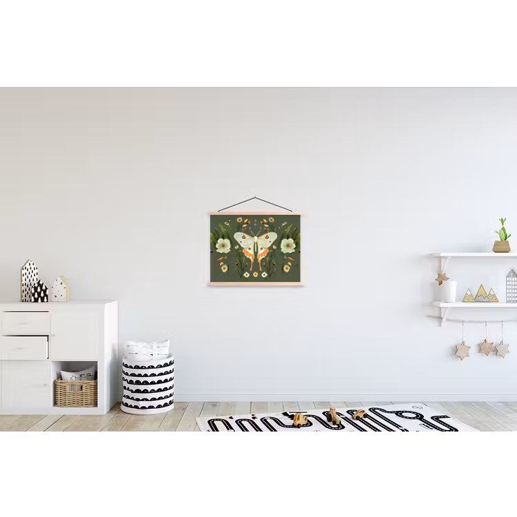 Bloemen - Bladeren - Olijfgroen - Vlinder textielposter latten blank klein -kinderkamer