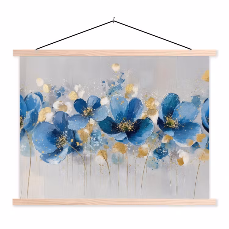 Bloemen - Blauw - Abstract textielposter latten blank klein -3d