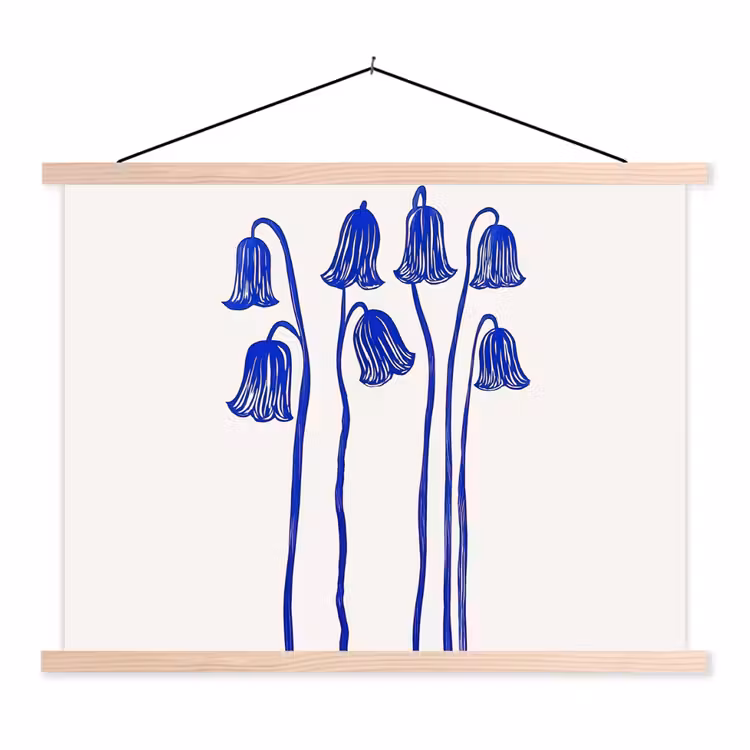 Bloemen - Blauw - Lijnen - Bloemblaadjes textielposter latten blank klein -3d