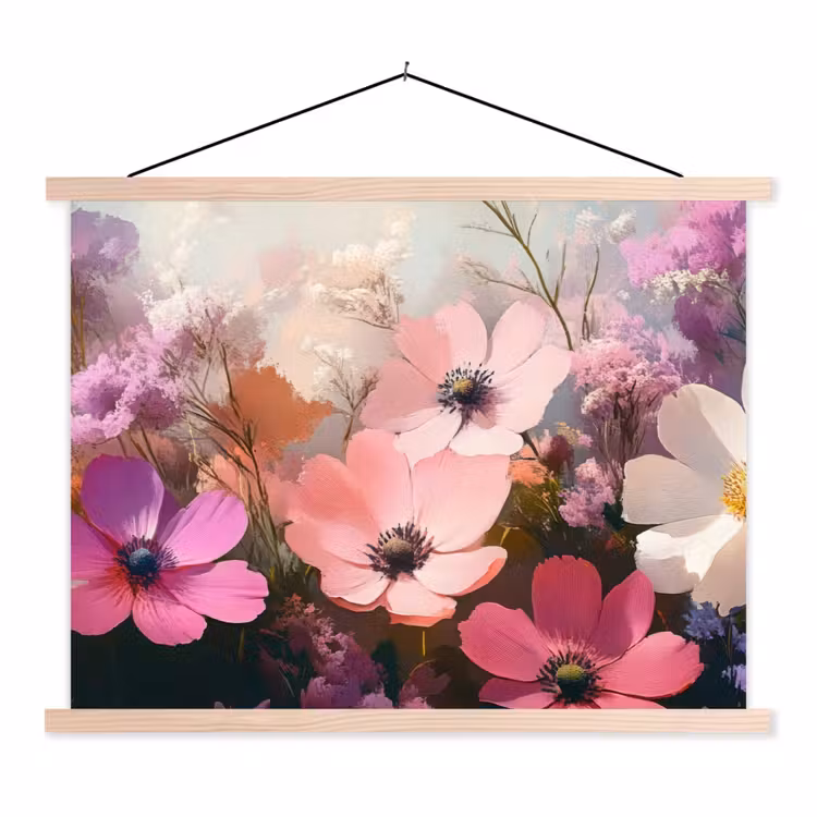 Bloemen - Kleurrijk - Bloei textielposter latten blank klein -3d