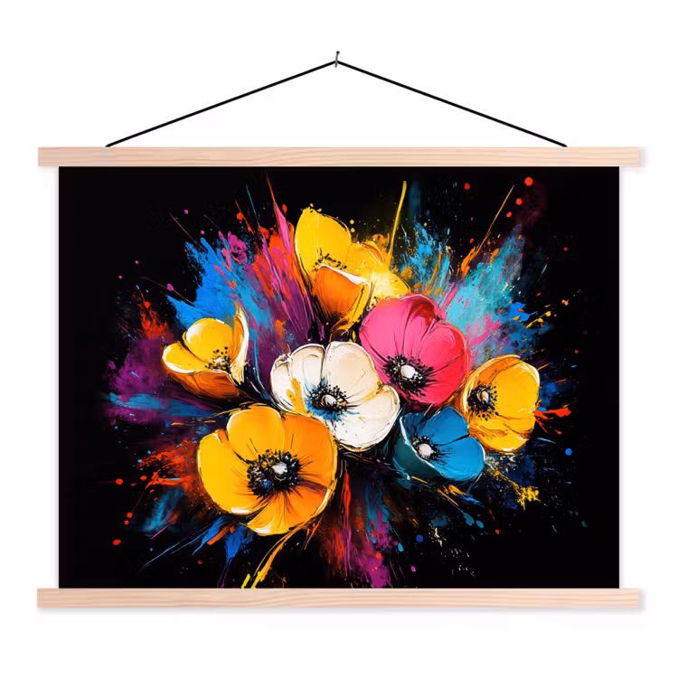 Bloemen - Kleurrijk - Graffiti - Modern - Boeket textielposter latten blank klein -3d