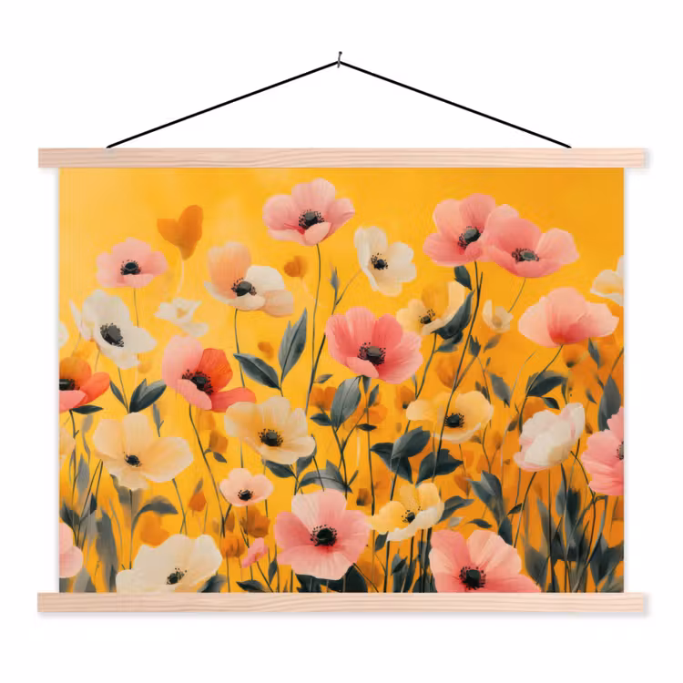 Bloemen - Veld - Geel textielposter latten blank klein -3d