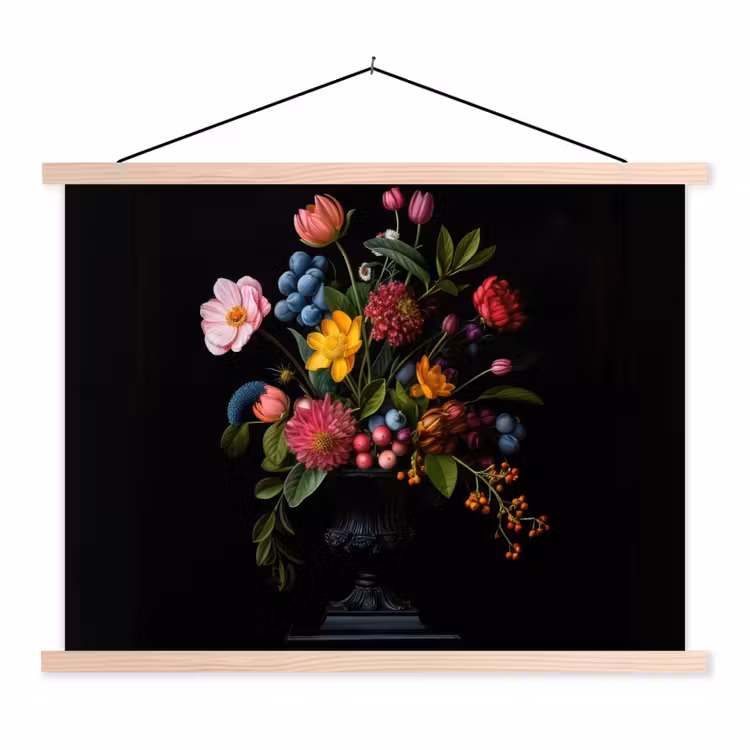 Bloemen - Vrolijk - Vaas textielposter latten blank klein -3d