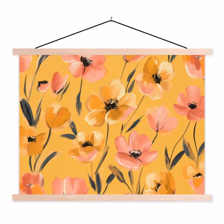 Bloemen - Geschilderd - Geel textielposter latten blank klein -3d