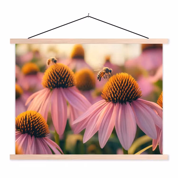 Bloemen - Paars - Bijen textielposter latten blank klein -3d
