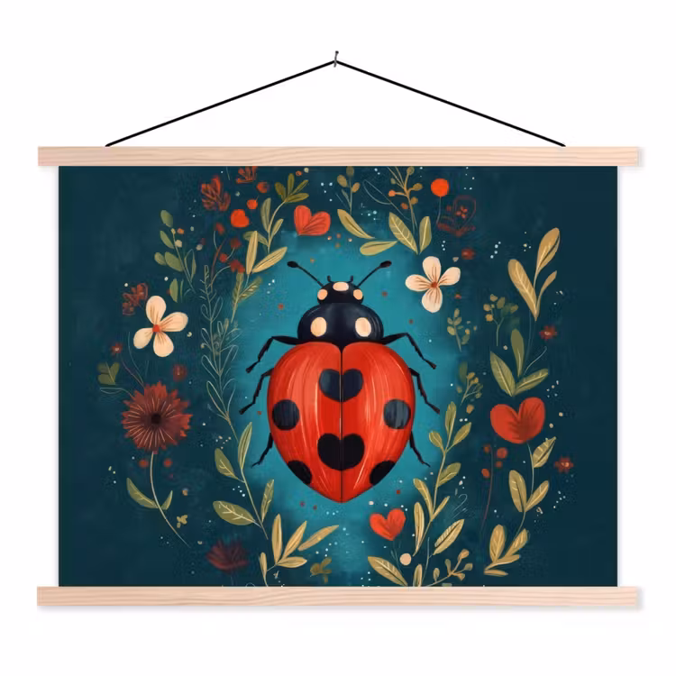 Bloemen - Lieveheersbeestje - Hartje - Rood textielposter latten blank klein -3d