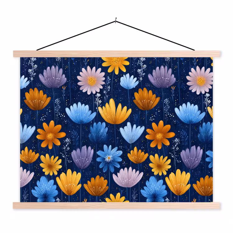 Bloemen - Patroon - Blauw - Contrast textielposter latten blank klein -3d