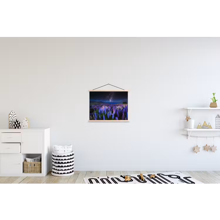 Bloemen - Nacht - Lupine - Sterrenhemel - Paars - Natuur textielposter latten blank klein -kinderkamer