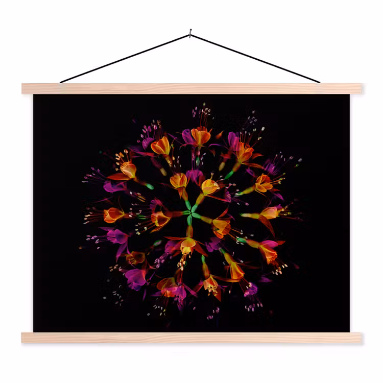 Bloemen - Oranje - Roze - Zwart textielposter latten blank klein -3d