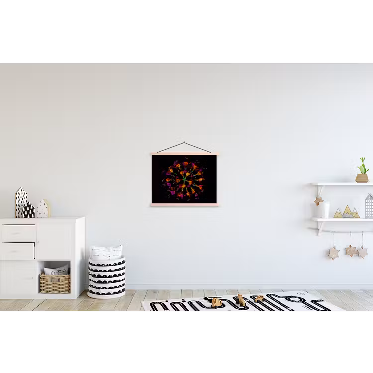 Bloemen - Oranje - Roze - Zwart textielposter latten blank klein -kinderkamer