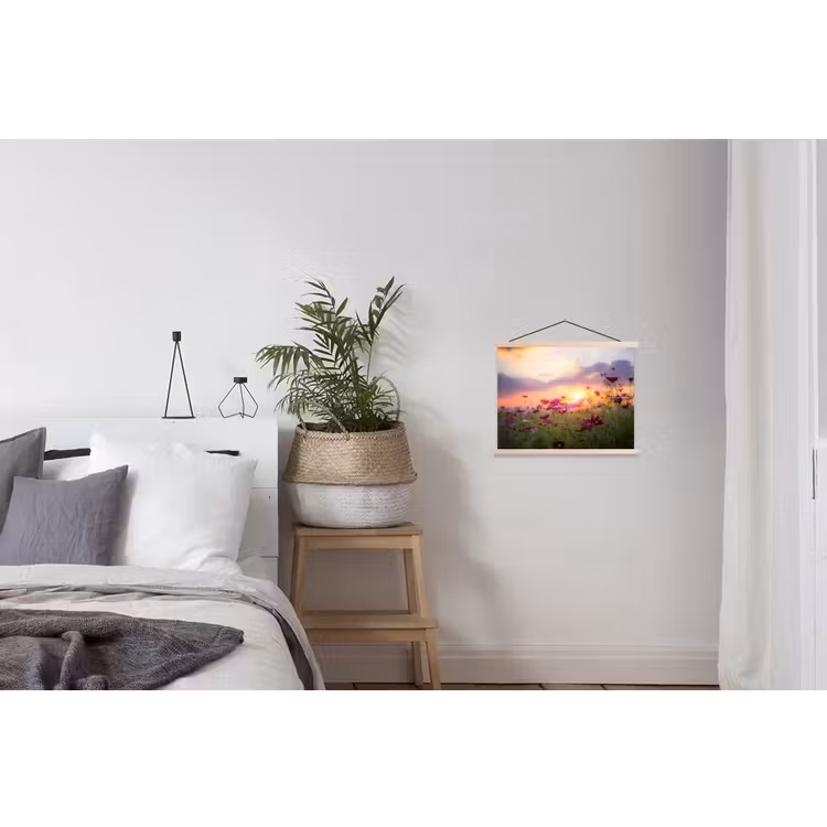 Bloemen - Roze - Zonsondergang - Natuur - Weide - Horizon textielposter latten blank klein -woonkamer