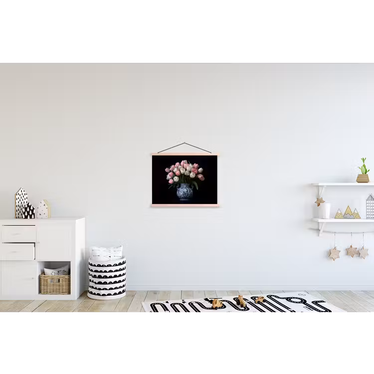 Bloemen - Roze - Tulpen - Vaas textielposter latten blank klein -kinderkamer