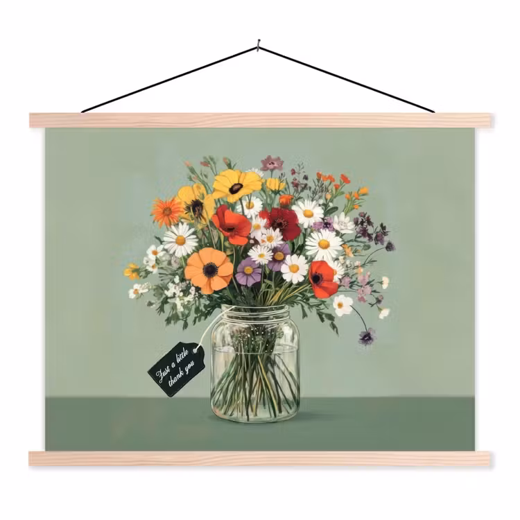 Bloemen - Vaas - Kaartje textielposter latten blank klein -3d