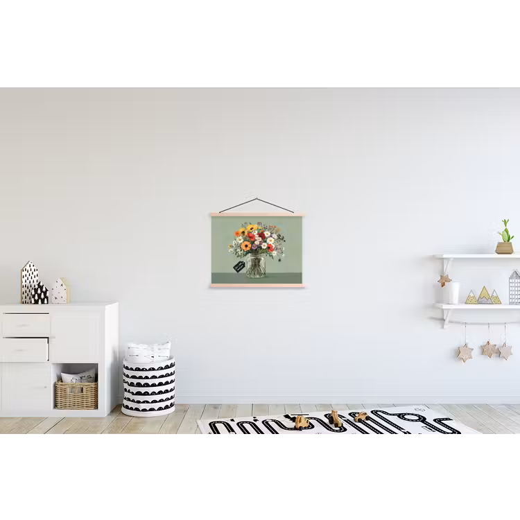Bloemen - Vaas - Kaartje textielposter latten blank klein -kinderkamer