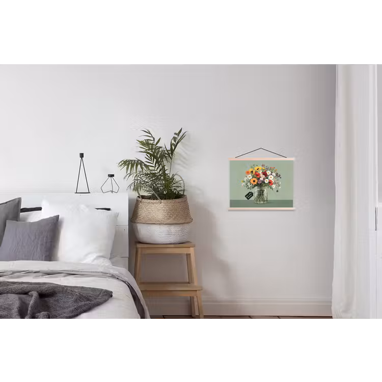 Bloemen - Vaas - Kaartje textielposter latten blank klein -woonkamer