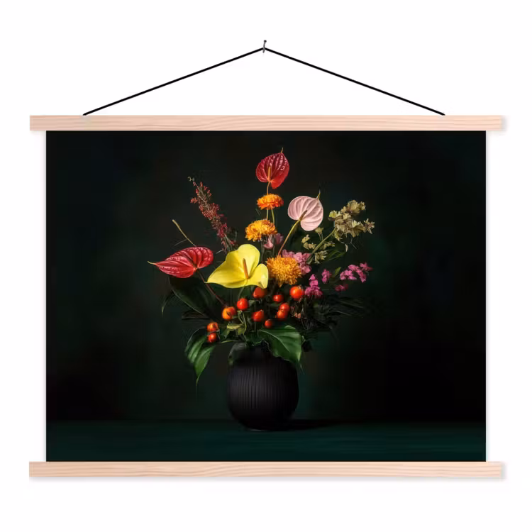 Bloemen - Vaas - Zwart textielposter latten blank klein -3d