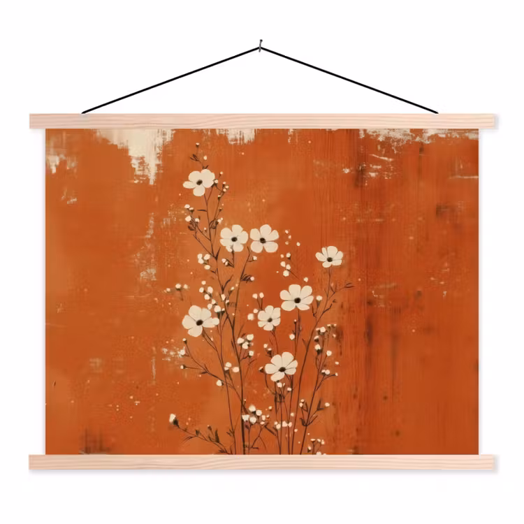 Bloemen - Wit - Subtiel - Roestkleur textielposter latten blank klein -3d