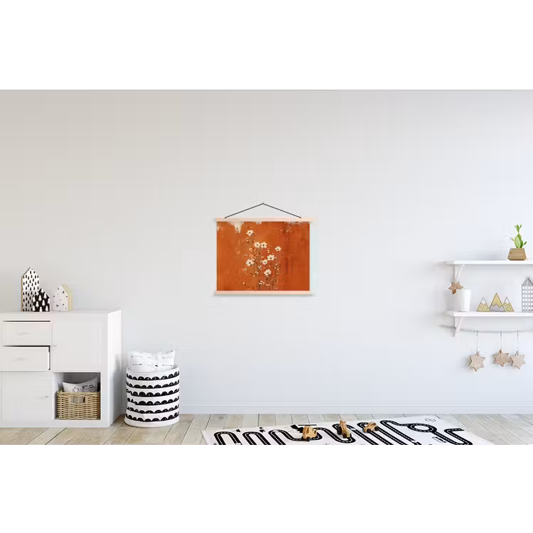 Bloemen - Wit - Subtiel - Roestkleur textielposter latten blank klein -kinderkamer