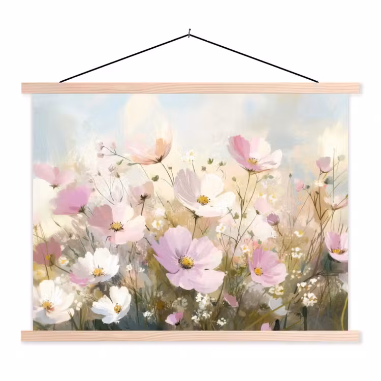 Bloemenveld - Lichte tinten - Geschilderd textielposter latten blank klein -3d