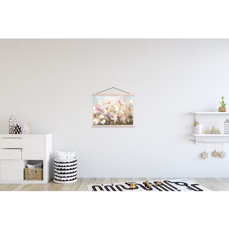 Bloemenveld - Lichte tinten - Geschilderd textielposter latten blank klein -kinderkamer