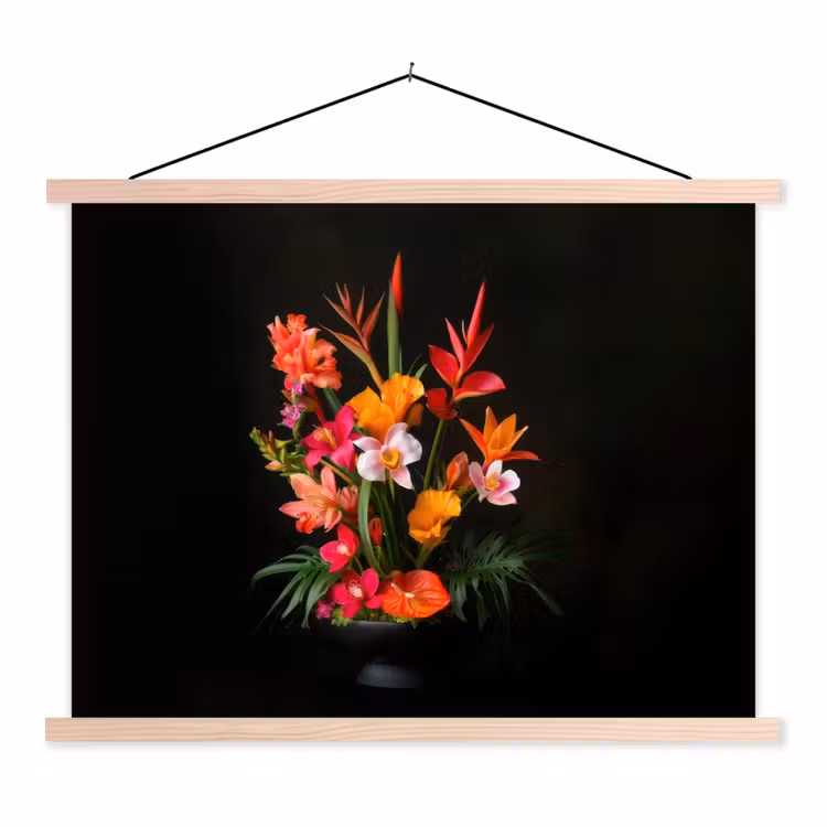 Boeket - Bloemen - Exotisch textielposter latten blank klein -3d