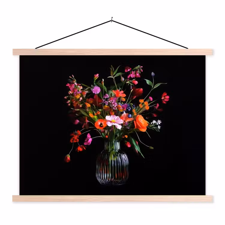 Boeket - Veldbloemen - Vaas textielposter latten blank klein -3d