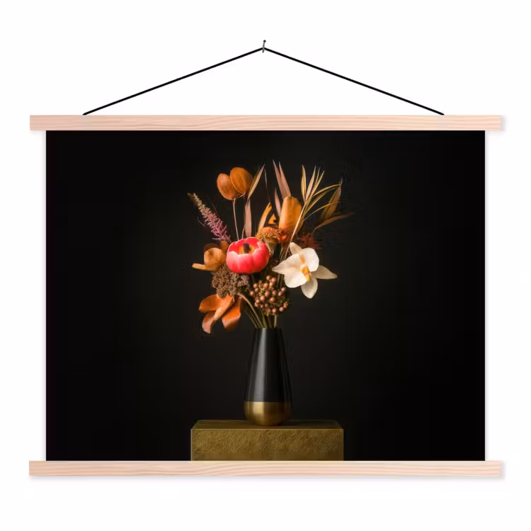 Boeket - Oranje - Gouden - vaas textielposter latten blank klein -3d