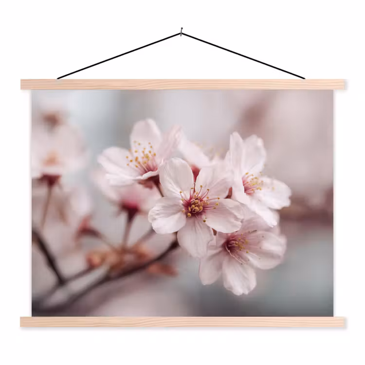 Bloesems - Meeldraden - Geel - Wazig textielposter latten blank klein -3d