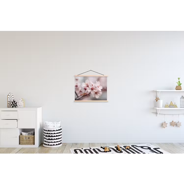 Bloesems - Meeldraden - Geel - Wazig textielposter latten blank klein -kinderkamer