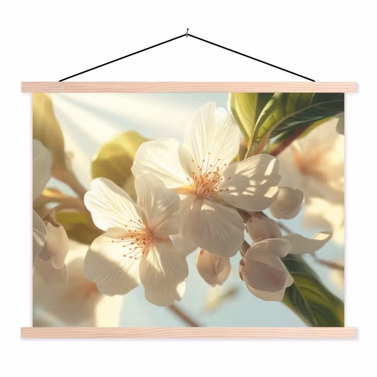 Bloesems - Wit - Zonnestralen - Bloemblaadjes textielposter latten blank klein -3d