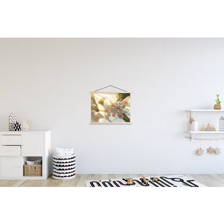 Bloesems - Wit - Zonnestralen - Bloemblaadjes textielposter latten blank klein -kinderkamer
