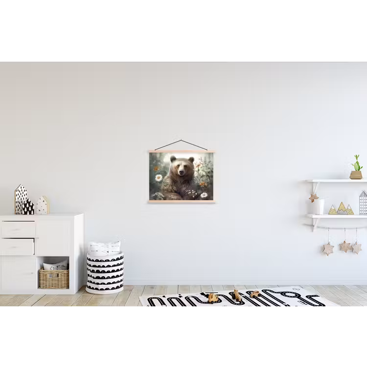 Bruine beer - Wilde dieren - Bloemen - Planten textielposter latten blank klein -kinderkamer