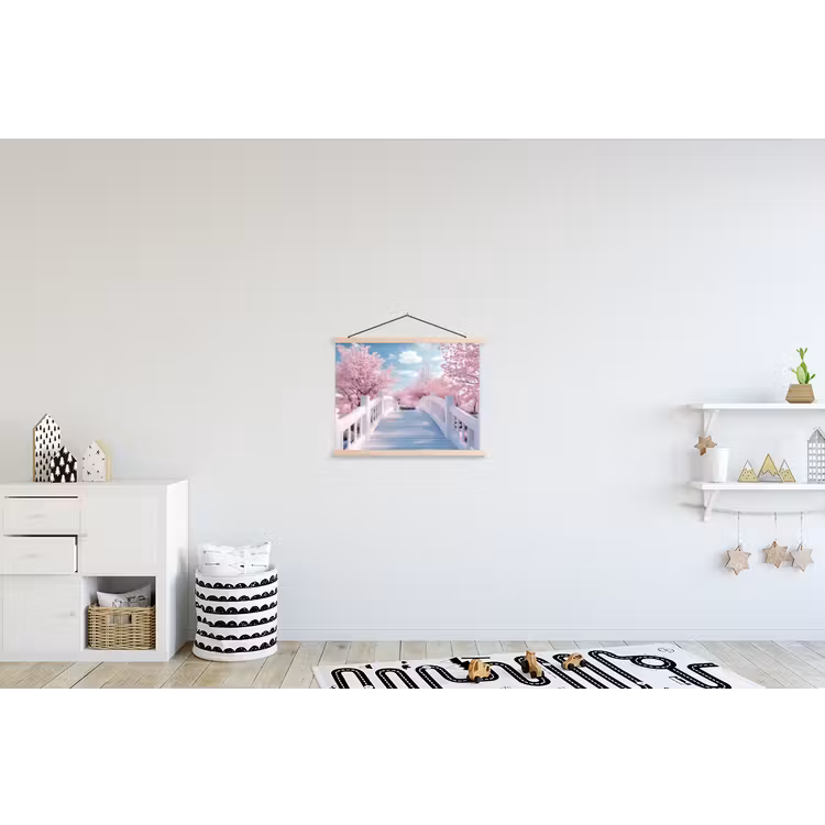 Brug - Kersenbomen - Wit textielposter latten blank klein -kinderkamer