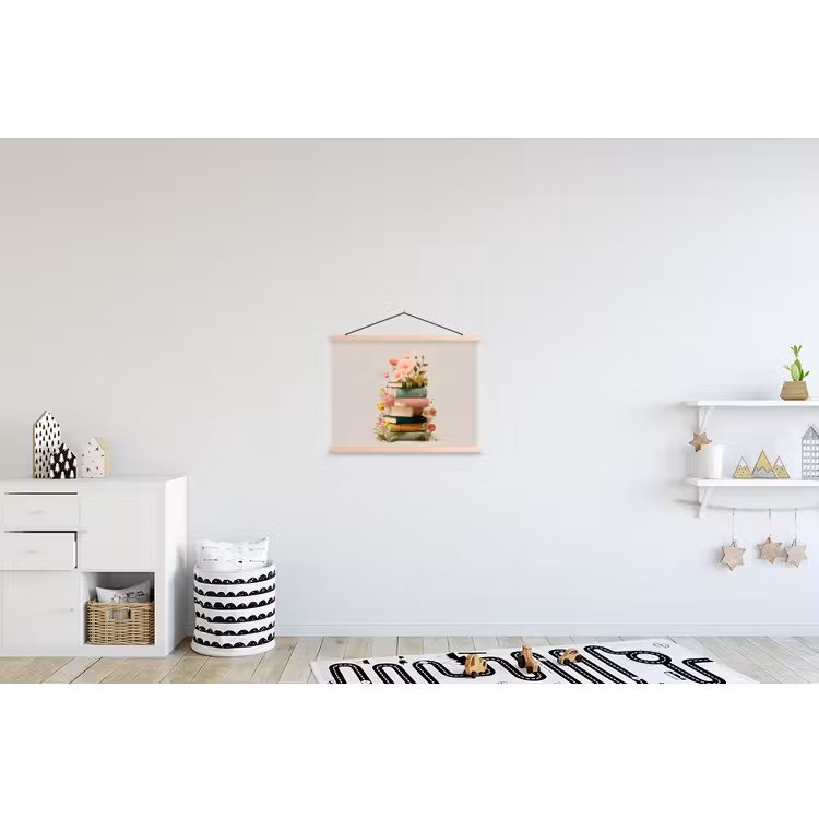 Boeken - Stapel - Bloemen - Kleurrijk textielposter latten blank klein -kinderkamer