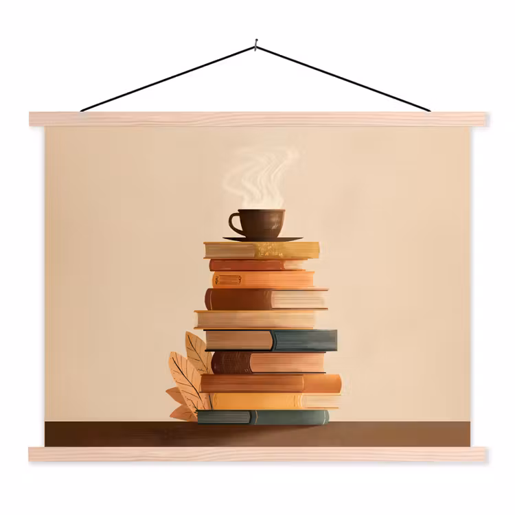 Boeken - Toren - Koffie - Beige textielposter latten blank klein -3d